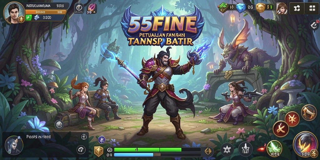Screenshot utama 55FIVE menampilkan pertarungan mendebarkan dalam grafik RPG yang menarik.